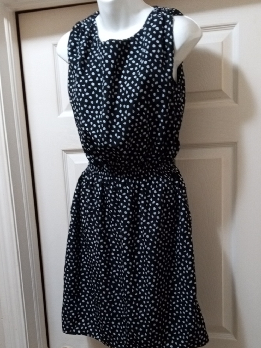 $ 5 >>>Catherine Malandrino Black Mini Dress with White Dot Print